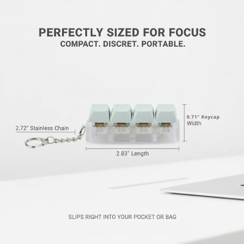 Keychain with keycaps and measurements on a white background