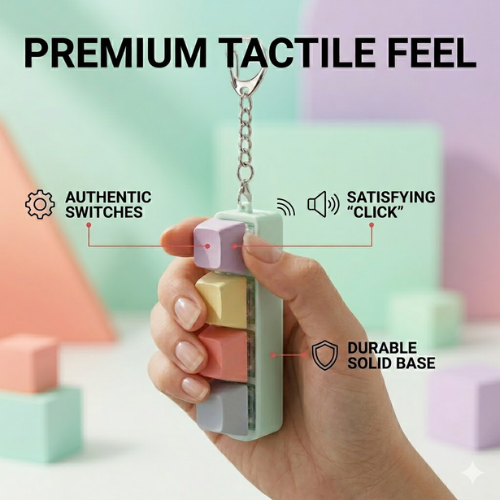 Colorful keychain with text highlighting features on a pastel background