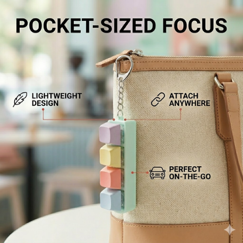 Colorful keychain device attached to a bag with features highlighted.