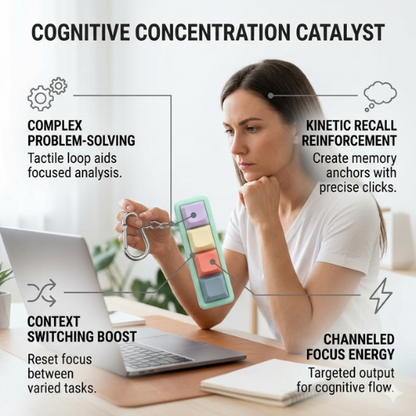 Woman using a cognitive concentration product with text highlighting its benefits